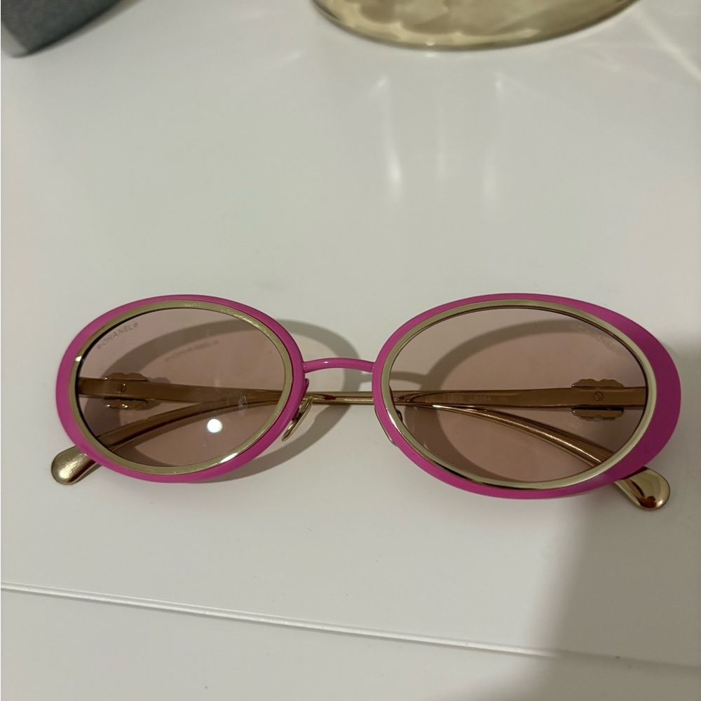 CHANEL Pink and Gold Oval Sunglasses